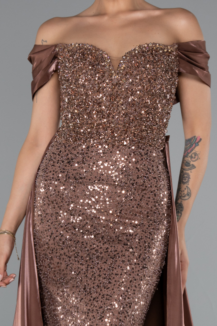 Robe de Soirée Longue Perlé Brun ABU5099