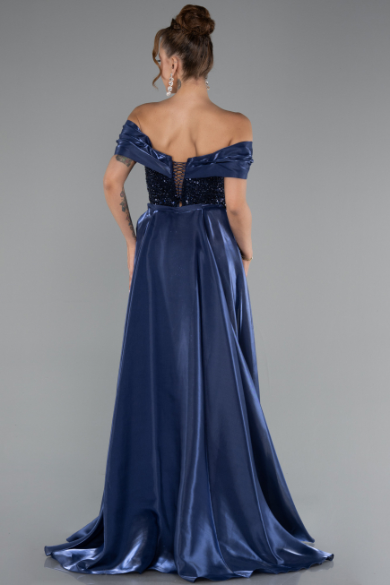 Robe de Soirée Longue Perlé Bleu Marine ABU5099