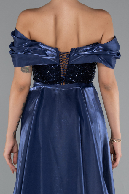 Robe de Soirée Longue Perlé Bleu Marine ABU5099