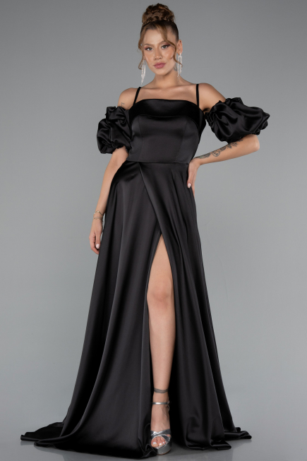 Robe de Soirée Longue Satin Noir ABU5103