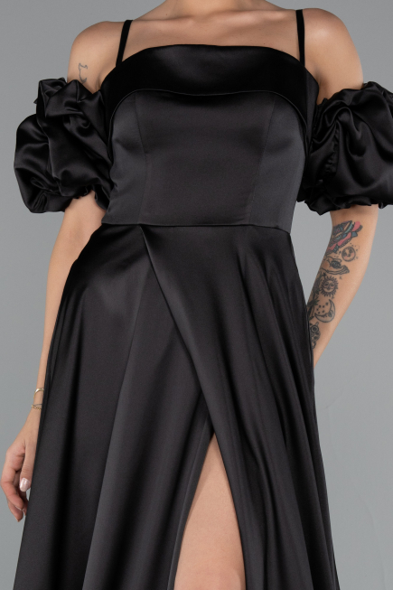 Robe de Soirée Longue Satin Noir ABU5103