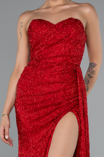 Robe De Soirée Perlé Longue Rouge ABU4871