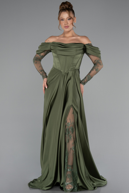 Robe De Soirée Satin Longue Kaki ABU5054