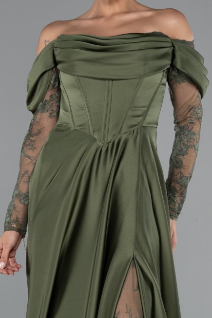 Robe De Soirée Satin Longue Kaki ABU5054