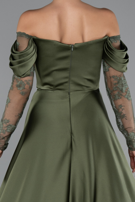 Robe De Soirée Satin Longue Kaki ABU5054