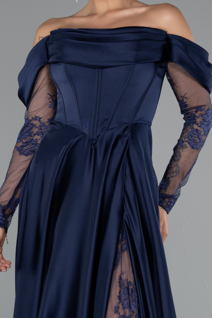Robe De Soirée Satin Longue Bleu Marine ABU5054
