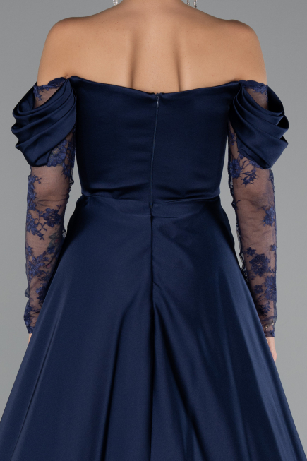 Robe De Soirée Satin Longue Bleu Marine ABU5054