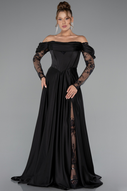 Robe De Soirée Satin Longue Noir ABU5054