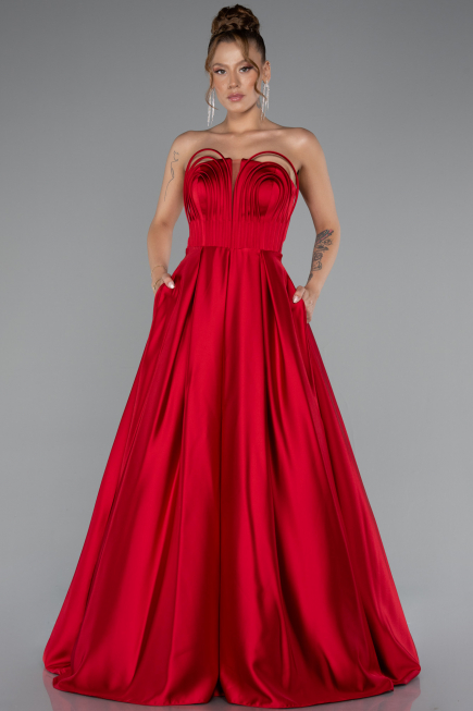 Robe de Soirée Longue Satin Rouge ABU5105