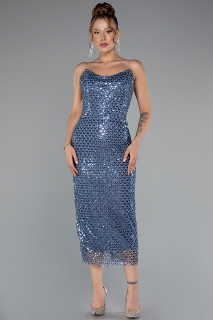 Robe de Cérémonie Midi Squameuse Indigo ABK2389