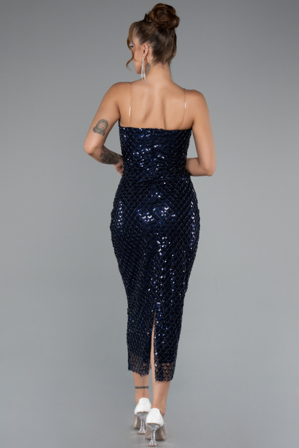 Robe de Cérémonie Midi Squameuse Bleu Marine ABK2389