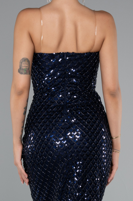 Robe de Cérémonie Midi Squameuse Bleu Marine ABK2389
