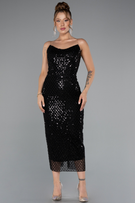 Robe de Cérémonie Midi Squameuse Noir ABK2389