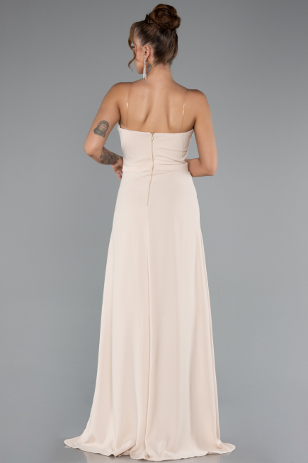 Robe de Soirée Longue Mousseline Beige ABU5108