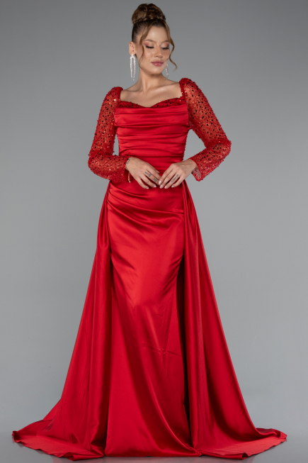 Robe Queue De Poisson Satin Longue Rouge ABU4332