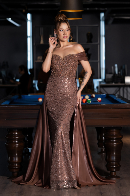 Robe de Soirée Longue Perlé Brun ABU5099