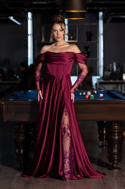 Robe De Soirée Satin Longue Prune ABU5054