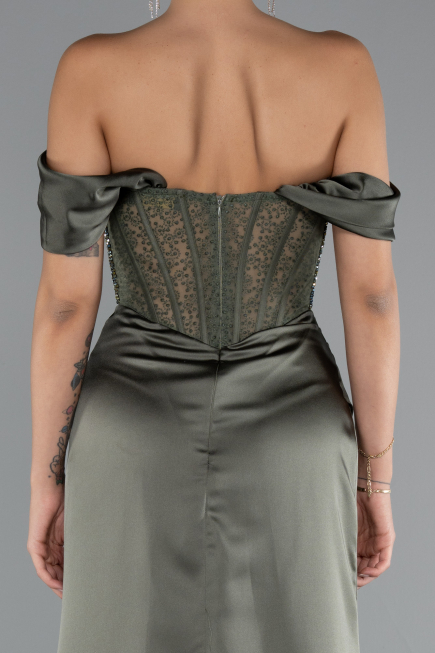 Robe de Soirée Longue Satin Kaki ABU5130