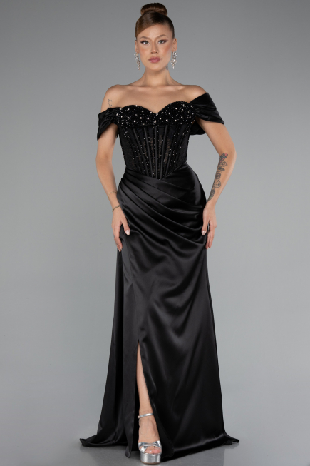 Robe de Soirée Longue Satin Noir ABU5130
