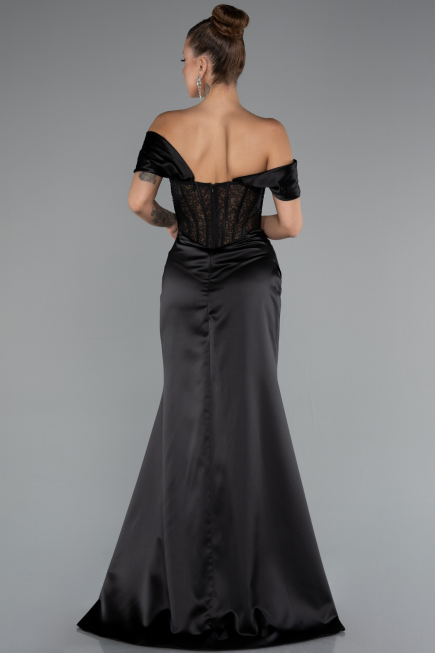Robe de Soirée Longue Satin Noir ABU5130