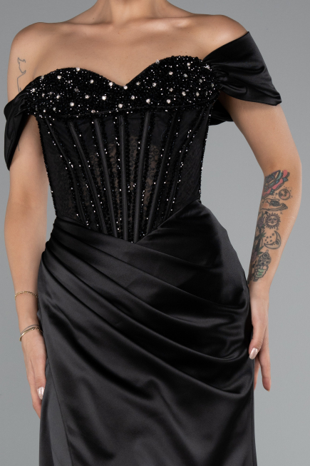 Robe de Soirée Longue Satin Noir ABU5130
