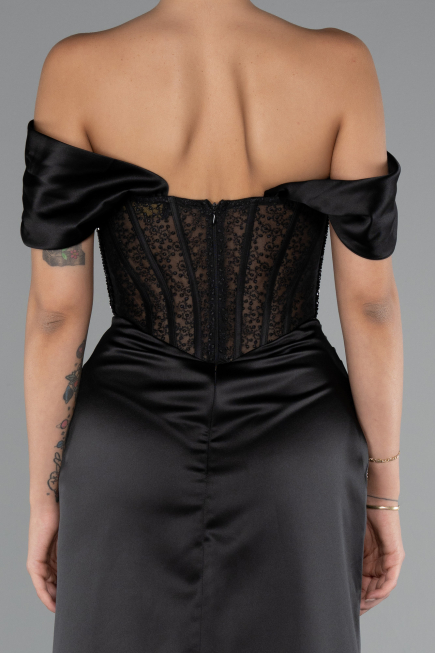 Robe de Soirée Longue Satin Noir ABU5130