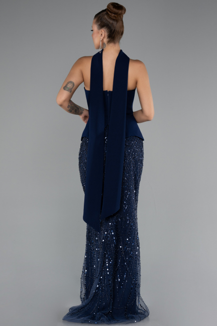 Robe de Soirée Longue Perlé Bleu Marine ABU5131
