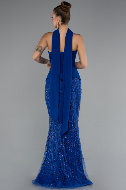Robe de Soirée Longue Perlé Bleu Saxe ABU5131