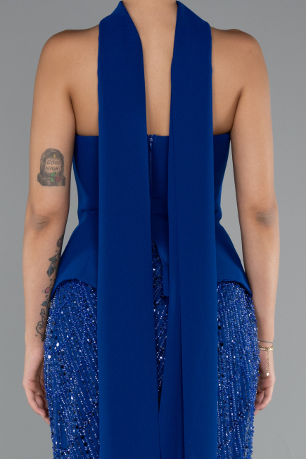 Robe de Soirée Longue Perlé Bleu Saxe ABU5131