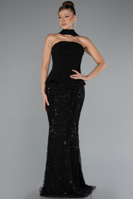 Robe de Soirée Longue Perlé Noir ABU5131