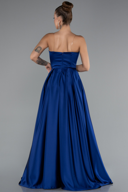 Robe de Soirée Longue Satin Bleu Saxe ABU5105
