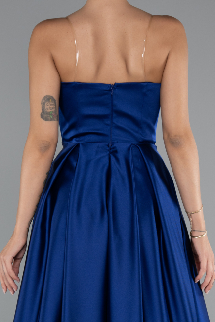 Robe de Soirée Longue Satin Bleu Saxe ABU5105