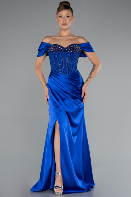 Robe de Soirée Longue Satin Bleu Saxe ABU5130