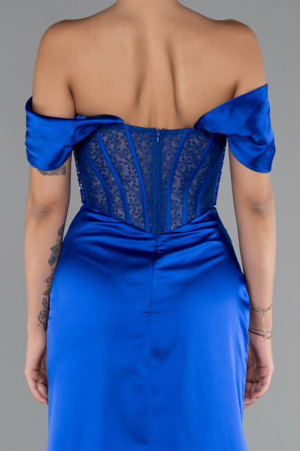 Robe de Soirée Longue Satin Bleu Saxe ABU5130