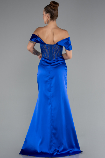 Robe de Soirée Longue Satin Bleu Saxe ABU5130