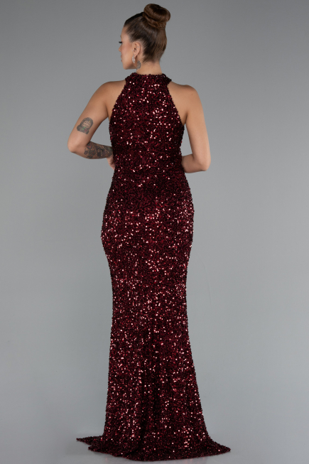 Robe de Soirée Longue Squameuse Rouge Bordeaux ABU5135