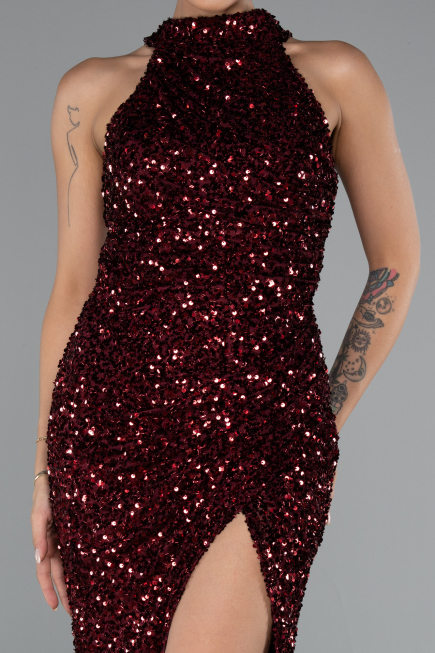 Robe de Soirée Longue Squameuse Rouge Bordeaux ABU5135