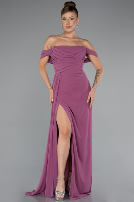 Robe De Soirée Mousseline Longue Couleur Rose ABU4925