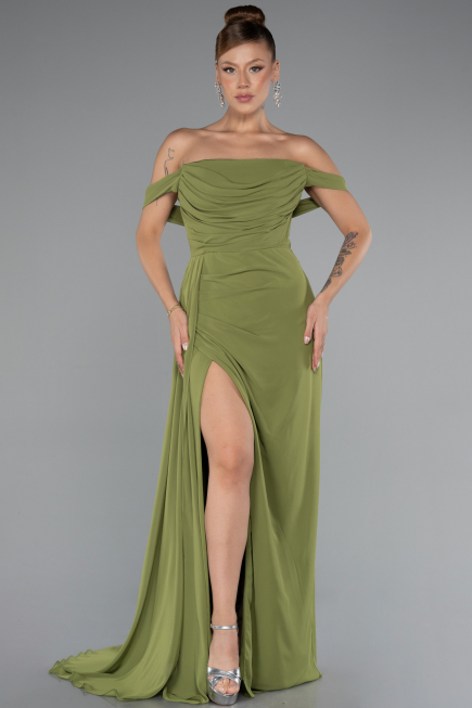 Robe De Soirée Mousseline Longue Vert Huile ABU4925