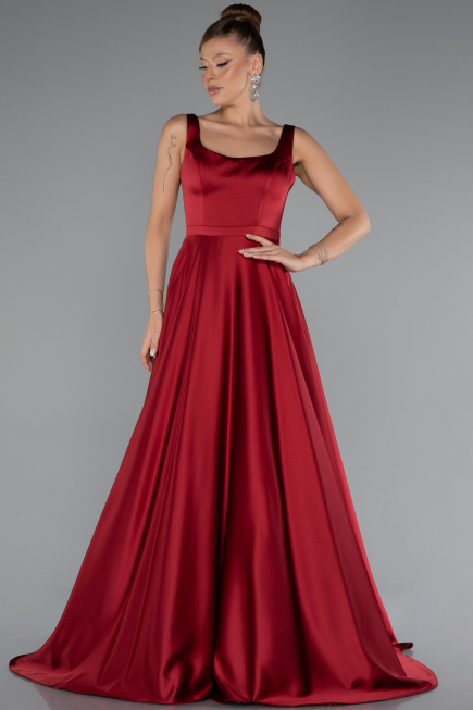 Robe de Soirée Longue Satin Rouge Bordeaux ABU5136