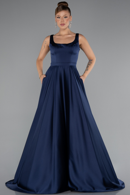 Robe de Soirée Longue Satin Bleu Marine ABU5136