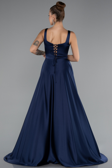 Robe de Soirée Longue Satin Bleu Marine ABU5136