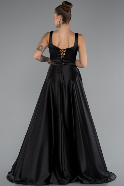 Robe de Soirée Longue Satin Noir ABU5136