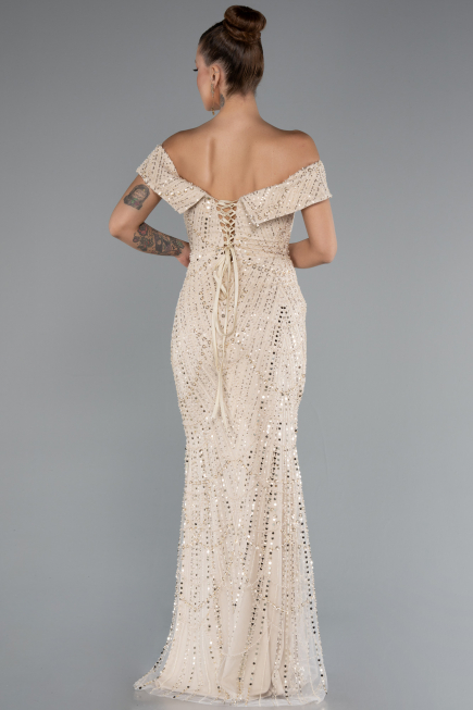 Robe de Soirée Longue Perlé Beige ABU5137