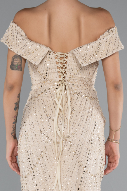 Robe de Soirée Longue Perlé Beige ABU5137