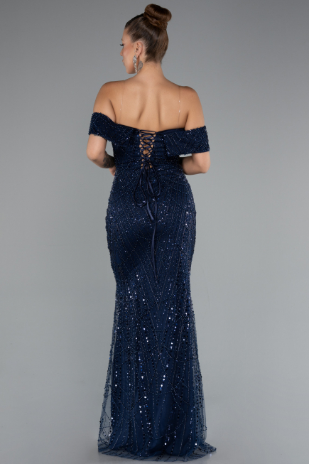 Robe de Soirée Longue Perlé Bleu Marine ABU5137