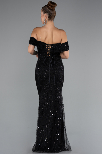 Robe de Soirée Longue Perlé Noir ABU5137