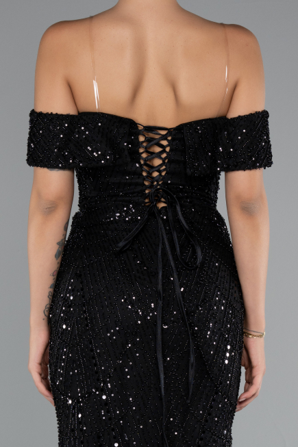 Robe de Soirée Longue Perlé Noir ABU5137