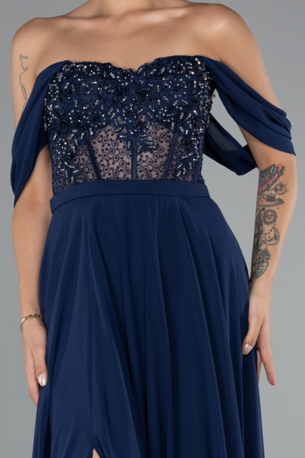 Robe De Soirée Mousseline Longue Bleu Marine ABU3310