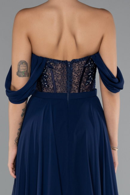 Robe De Soirée Mousseline Longue Bleu Marine ABU3310